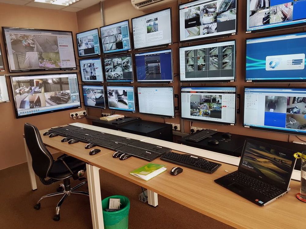 The actual Proforall Central Monitoring Station, with its wall of monitoring screens