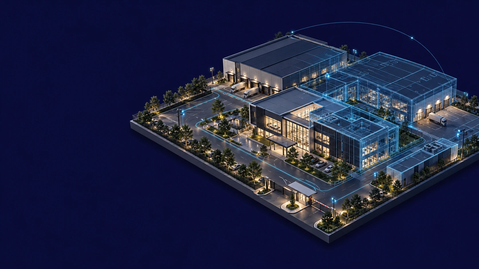 Illustrative industrial campus blending physical buildings with a digital security wireframe